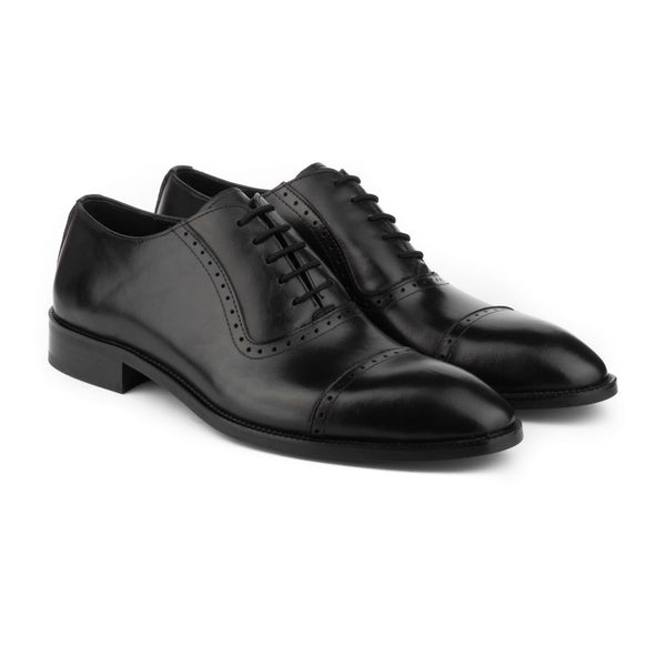 Vatrina Genuine Leather Cap Toe Oxfords - Black