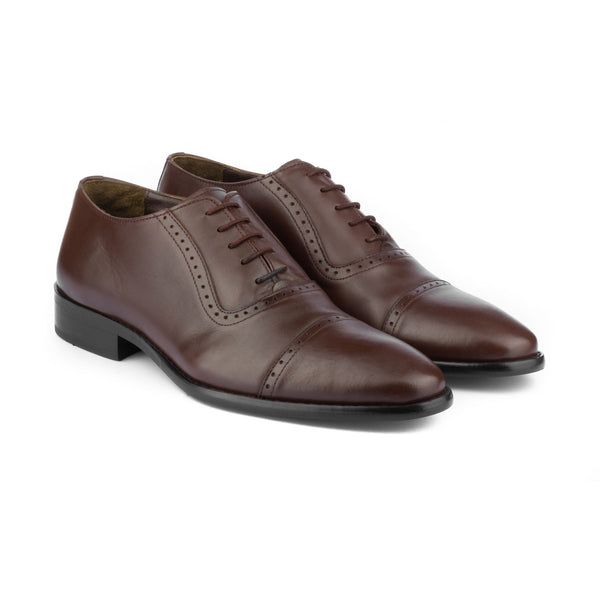 Vatrina Genuine Leather Cap Toe Oxfords - Brown