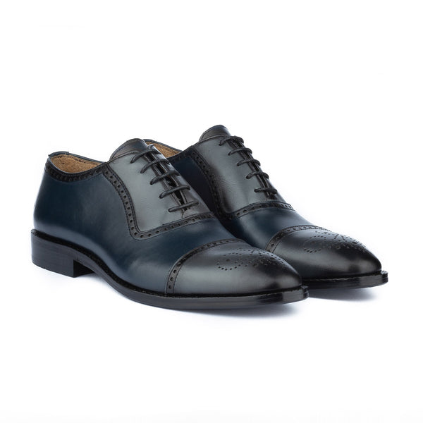 Vatrina Genuine Leather Cap Toe Oxfords - Navy