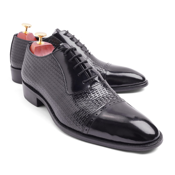 Vatrina Genuine Leather Cap Toe Oxford - Black